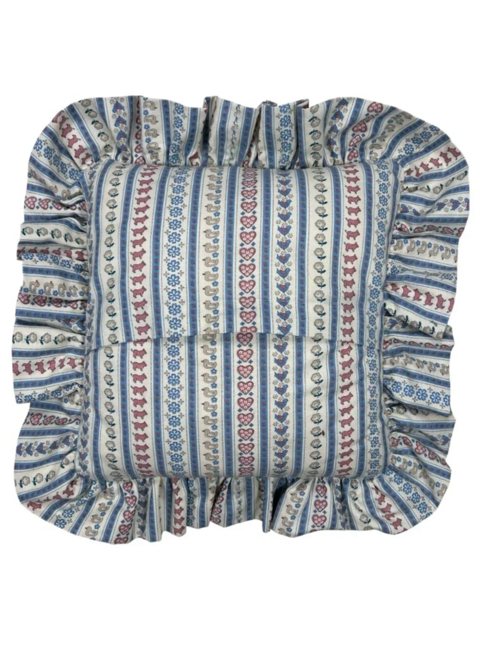 Vtg Quilted Throw Pillow Cottage Ruffle Pig Ducks Floral Country